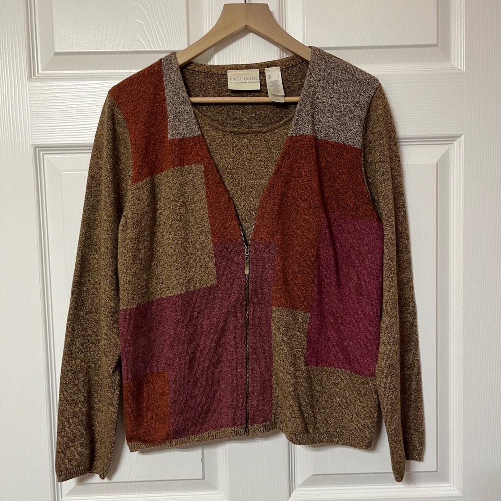 First‎ Issue Liz Claiborne Patchwork Zipper Cardigan Sweater Women's Size L